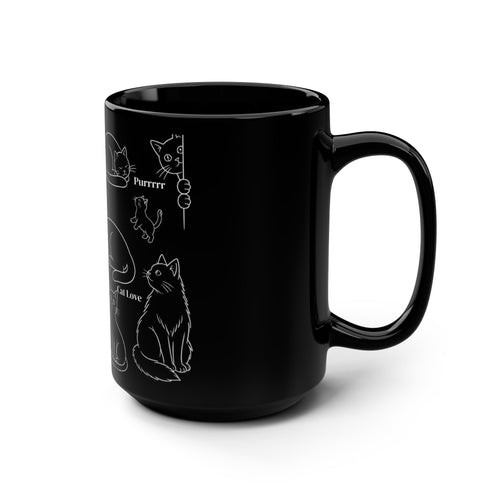 Black Cat Doodle Mug — 15oz Cute Cat Pattern Coffee Cup