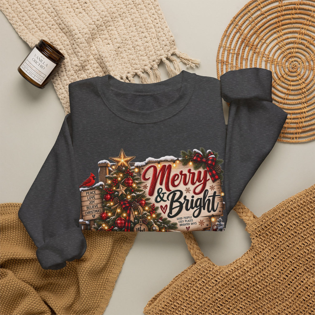 Christmas Sweatshirt "Merry & Bright" Vintage Tree Holiday Crewneck
