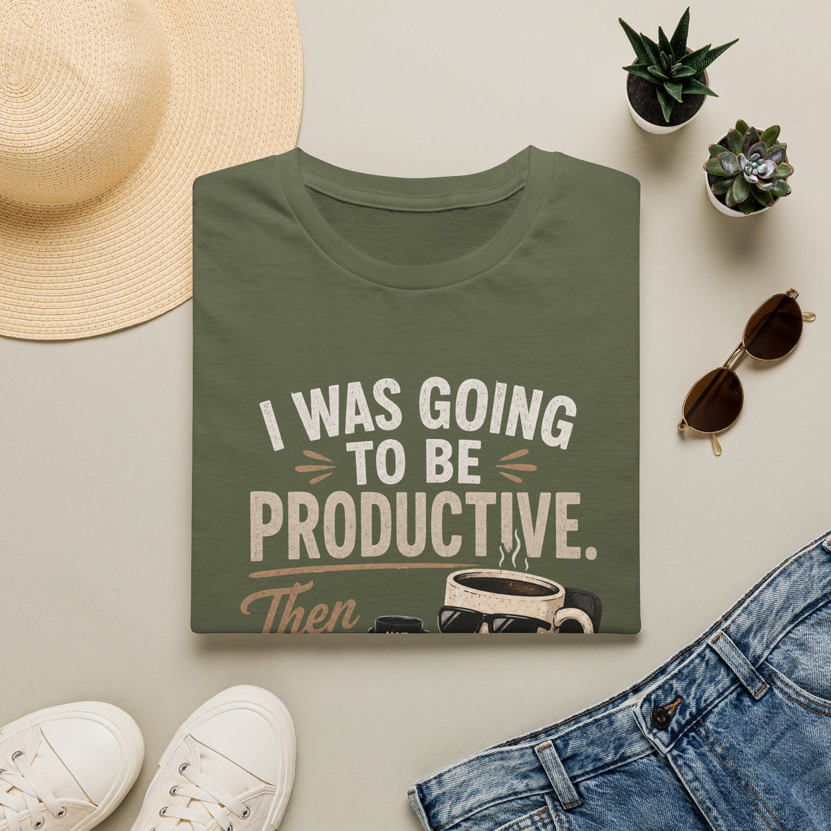Productive Coffee Funny T‑Shirt — “I Was Going To Be Productive, Then I Sat Down”