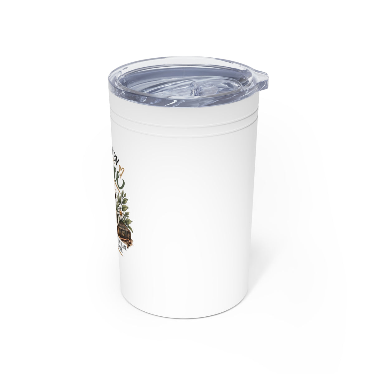 Fueled By Grace 11oz Vacuum Tumbler — Christian Coffee Cup with Cross & Floral Design