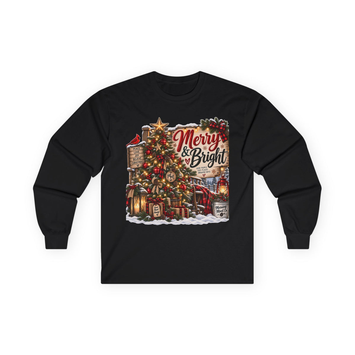 Christmas Graphic Long Sleeve Tee - "Merry & Bright" Holiday Shirt
