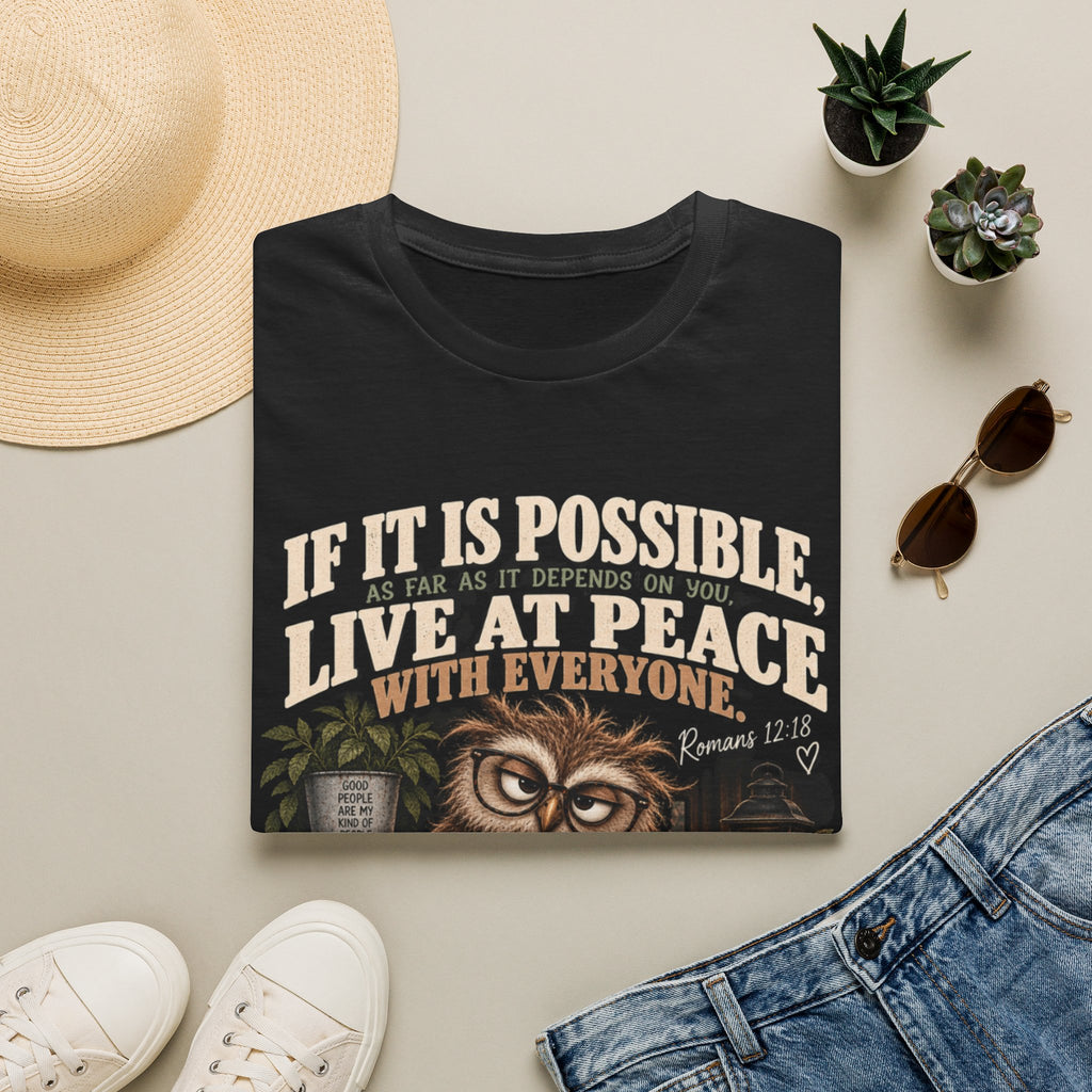 Live at Peace Owl T-Shirt — 'If It Is Possible, Live at Peace with Everyone' Christian Tee