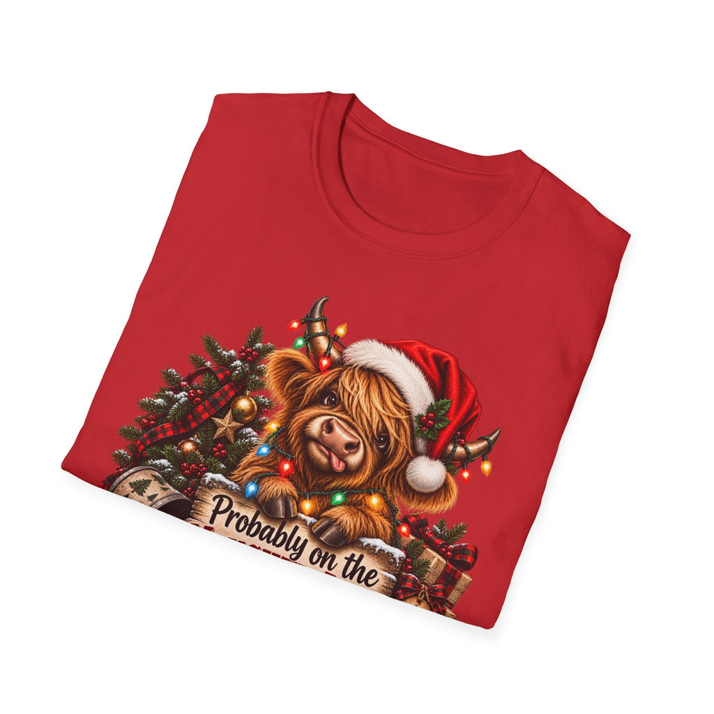 Christmas Highland Cow T-Shirt — "Probably on the Naughty List" Holiday Tee