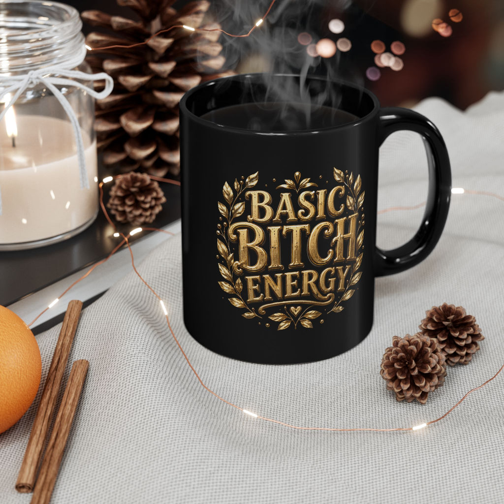 Basic Bitch Energy Mug — Funny Gold Script Black Coffee Cup (11oz, 15oz)