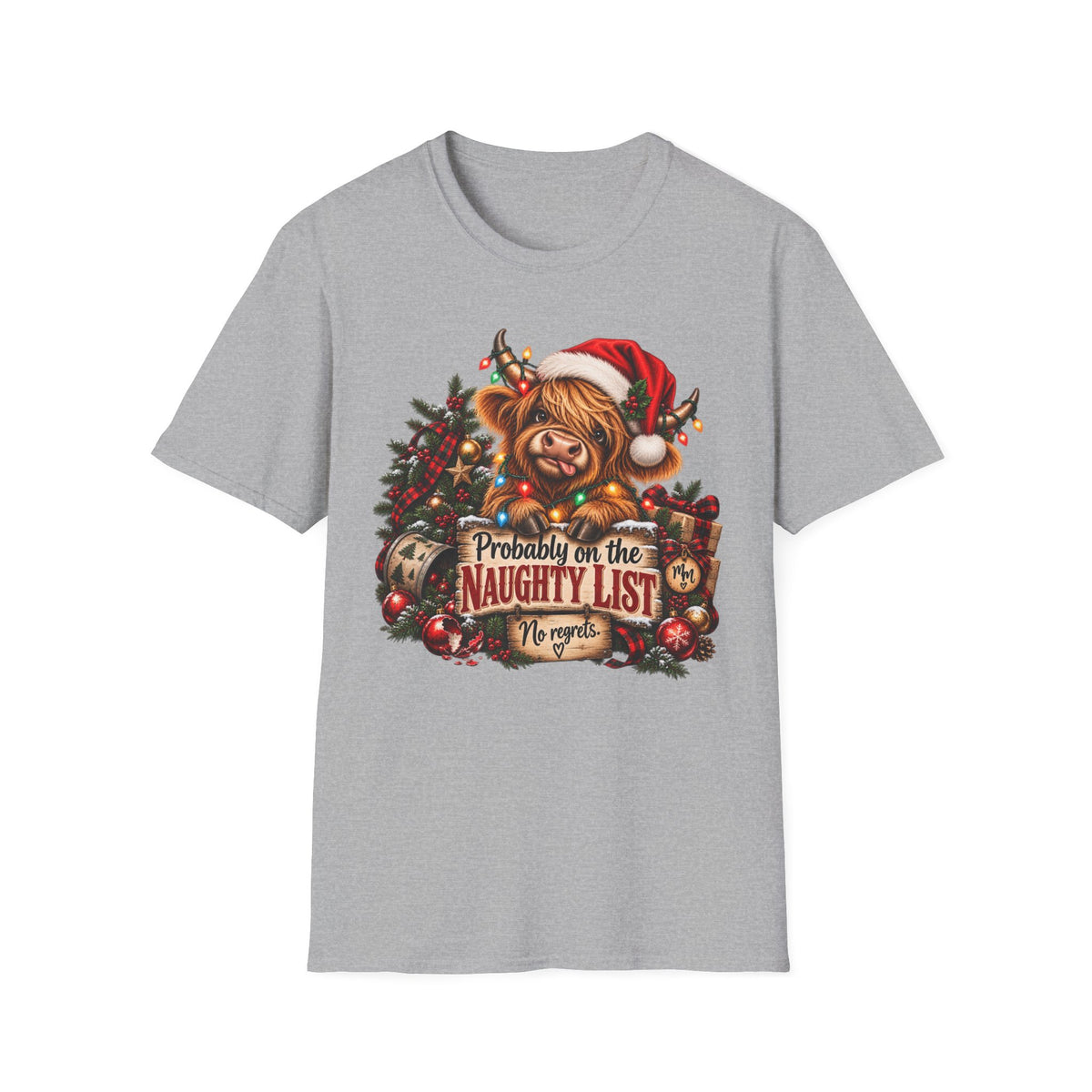 Christmas Highland Cow T-Shirt — "Probably on the Naughty List" Holiday Tee