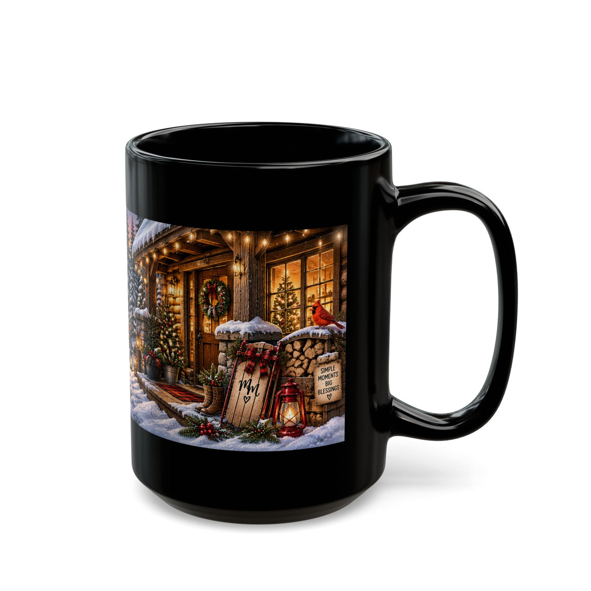 Christmas Cabin Winter Scene Mug — Cozy Holiday Coffee Cup (11oz/15oz)
