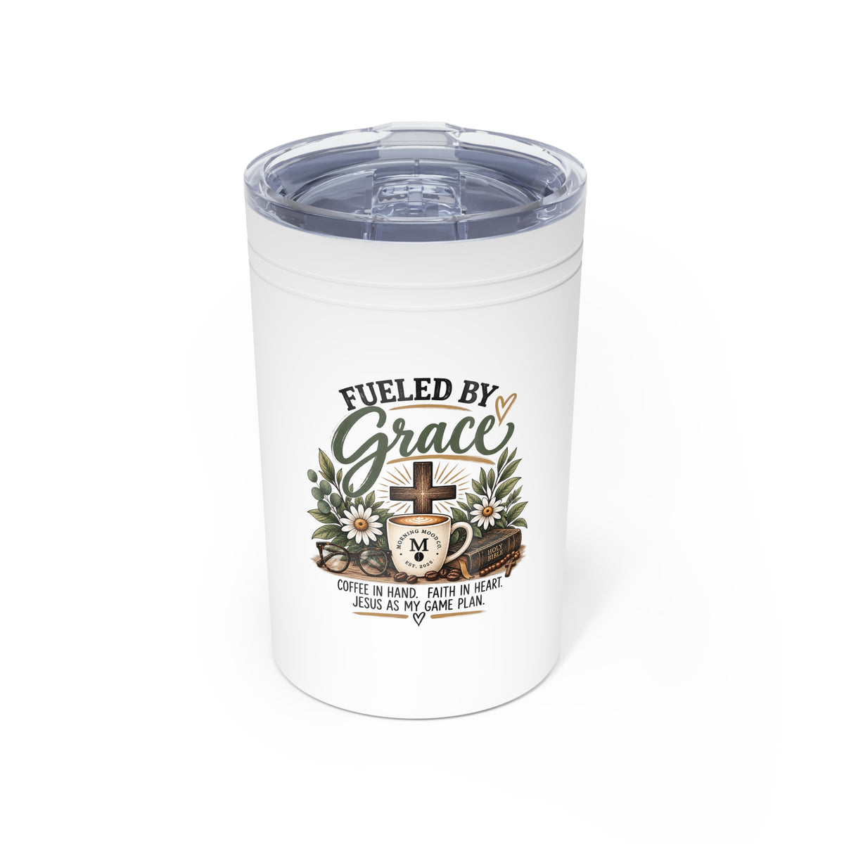 Fueled By Grace 11oz Vacuum Tumbler — Christian Coffee Cup with Cross & Floral Design