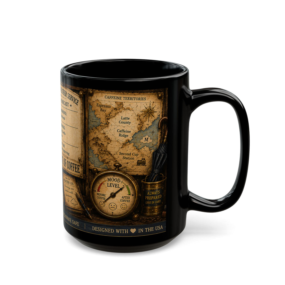 Coffee Weather Black Mug – 100% Chance of Coffee Vintage Map Design (11oz/15oz)