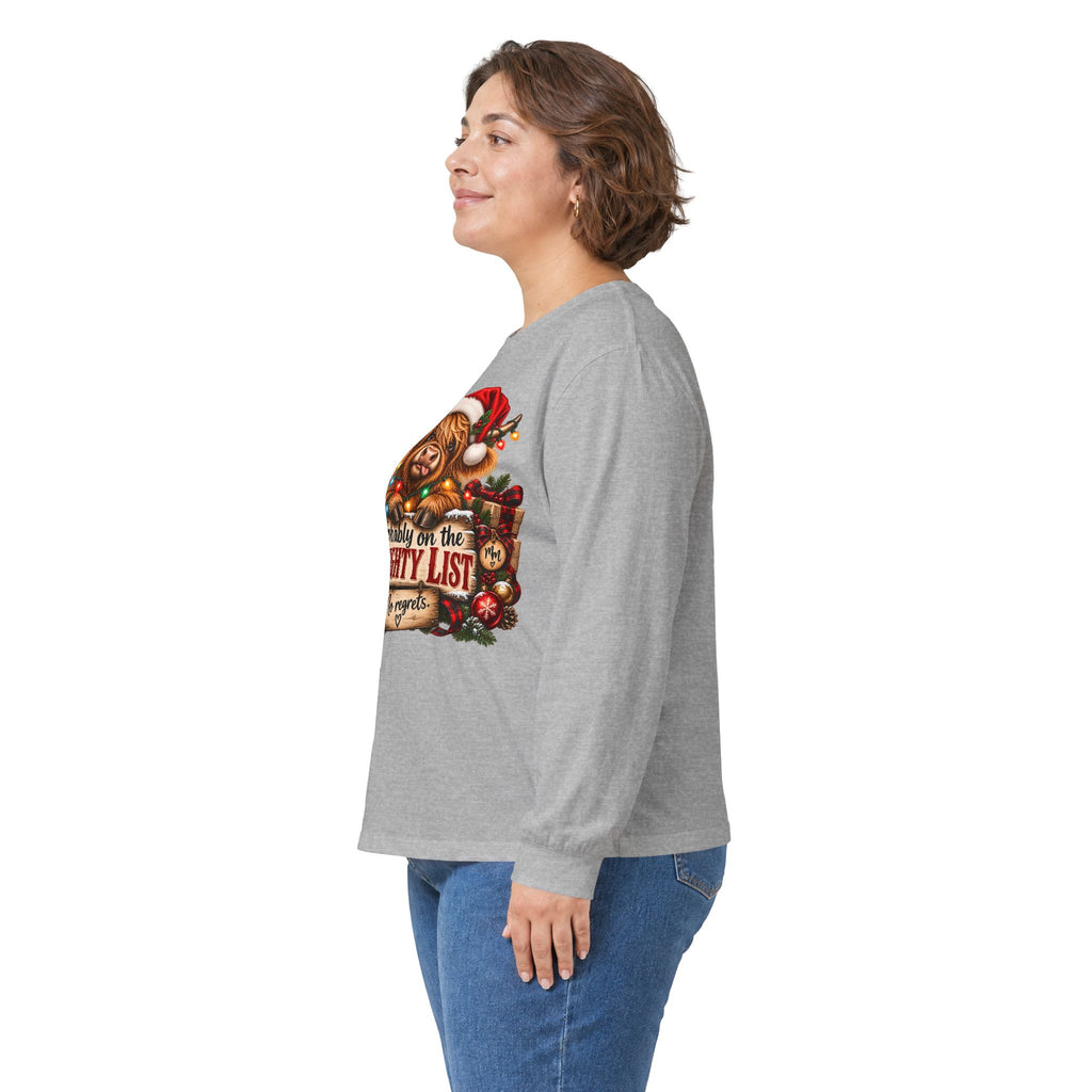 Christmas Naughty List Long Sleeve Tee — Cute Dog Santa Hat Holiday Shirt (S–5XL)