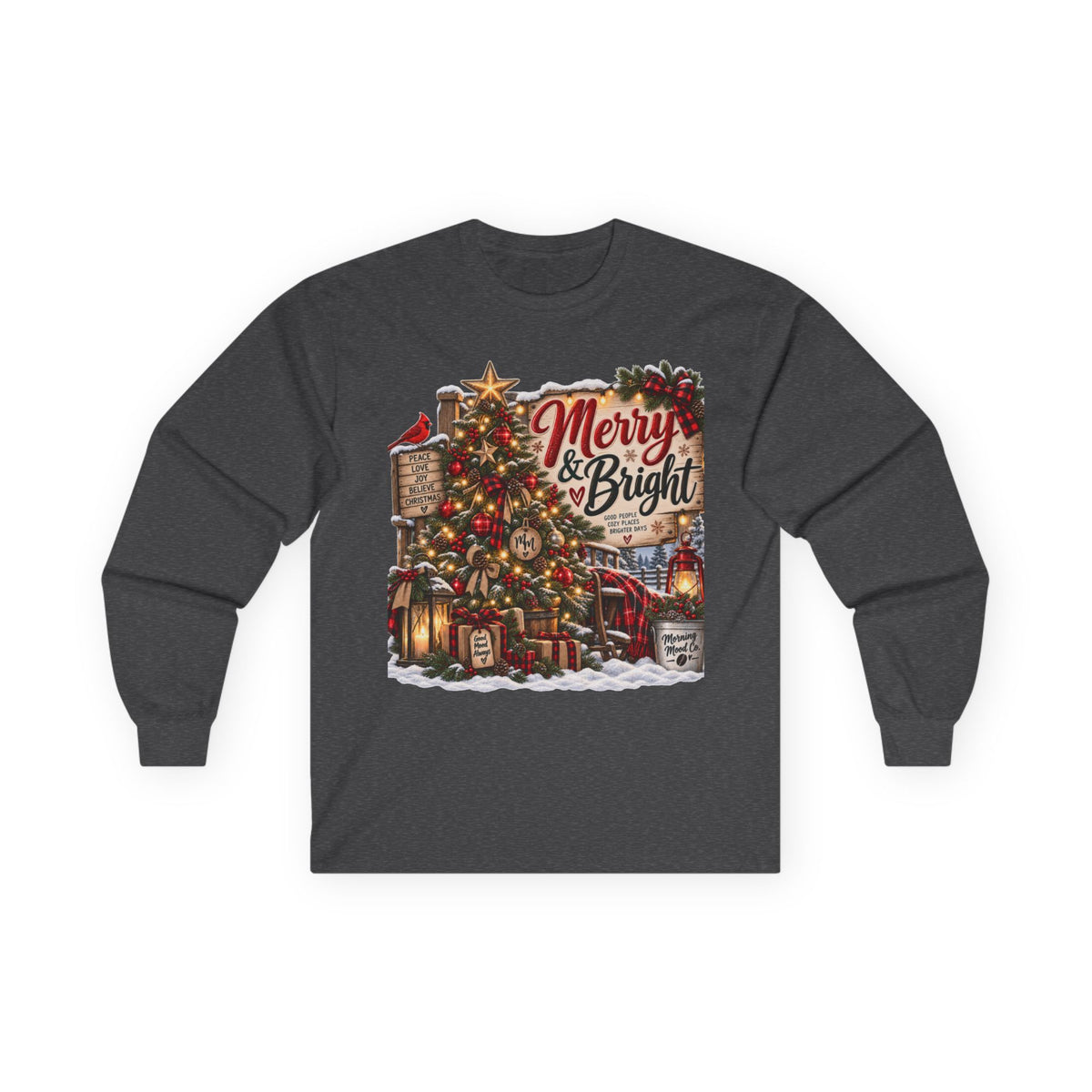 Christmas Graphic Long Sleeve Tee - "Merry & Bright" Holiday Shirt