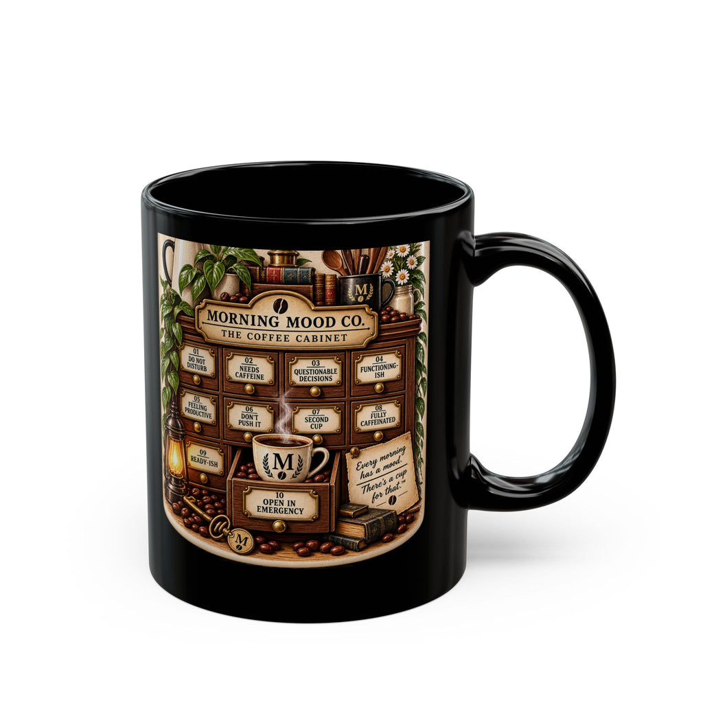 Morning Mood the Coffee Caabinet Black Mug (11oz, 15oz)