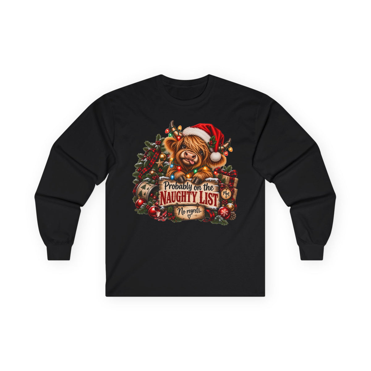 Christmas Naughty List Long Sleeve Tee — Cute Dog Santa Hat Holiday Shirt (S–5XL)