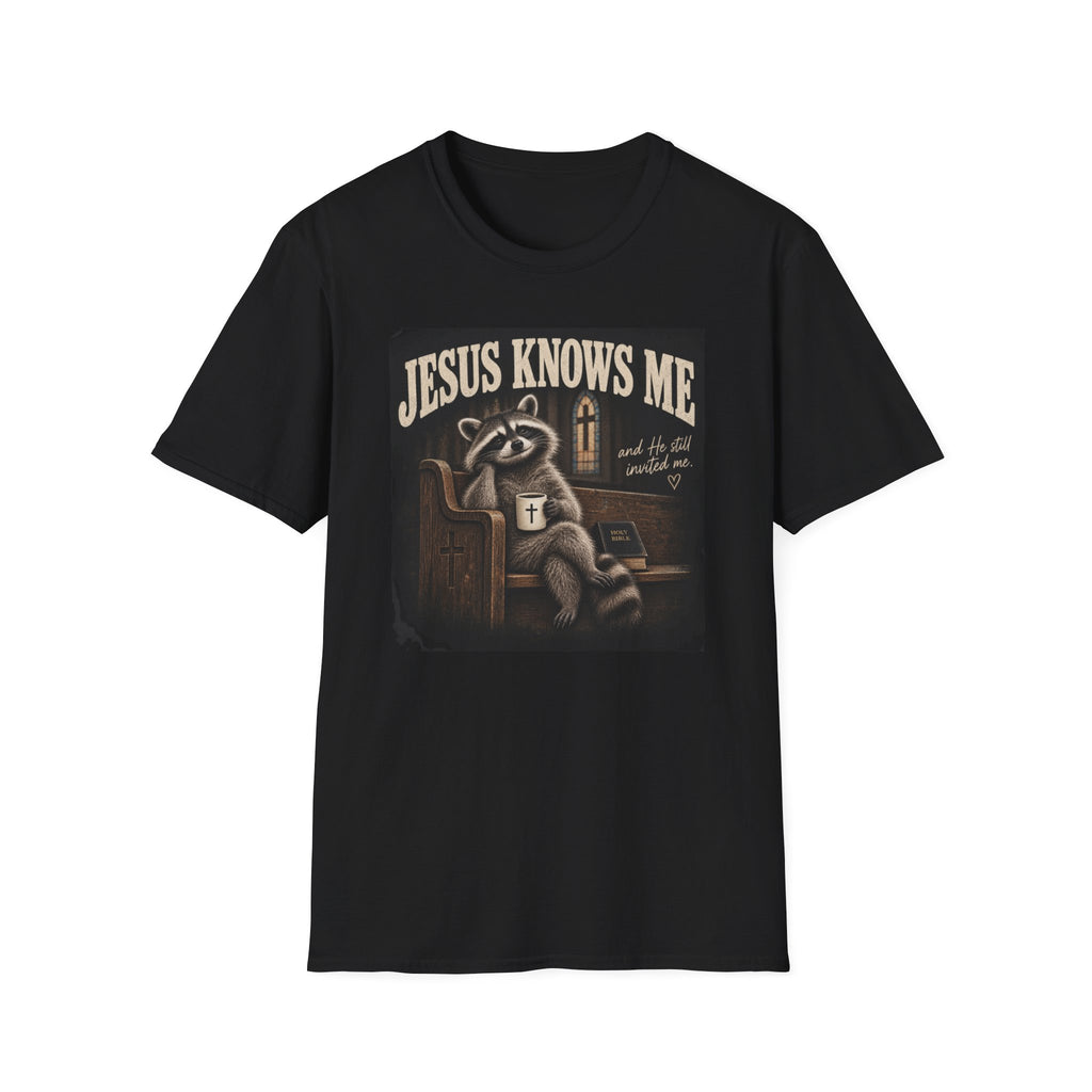Jesus Knows Me T-Shirt — Cute Raccoon Faith Graphic Tee