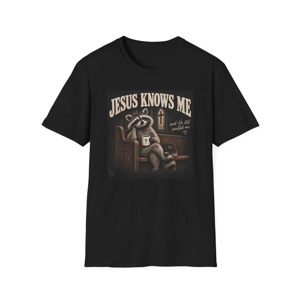 Jesus Knows Me T-Shirt — Cute Raccoon Faith Graphic Tee