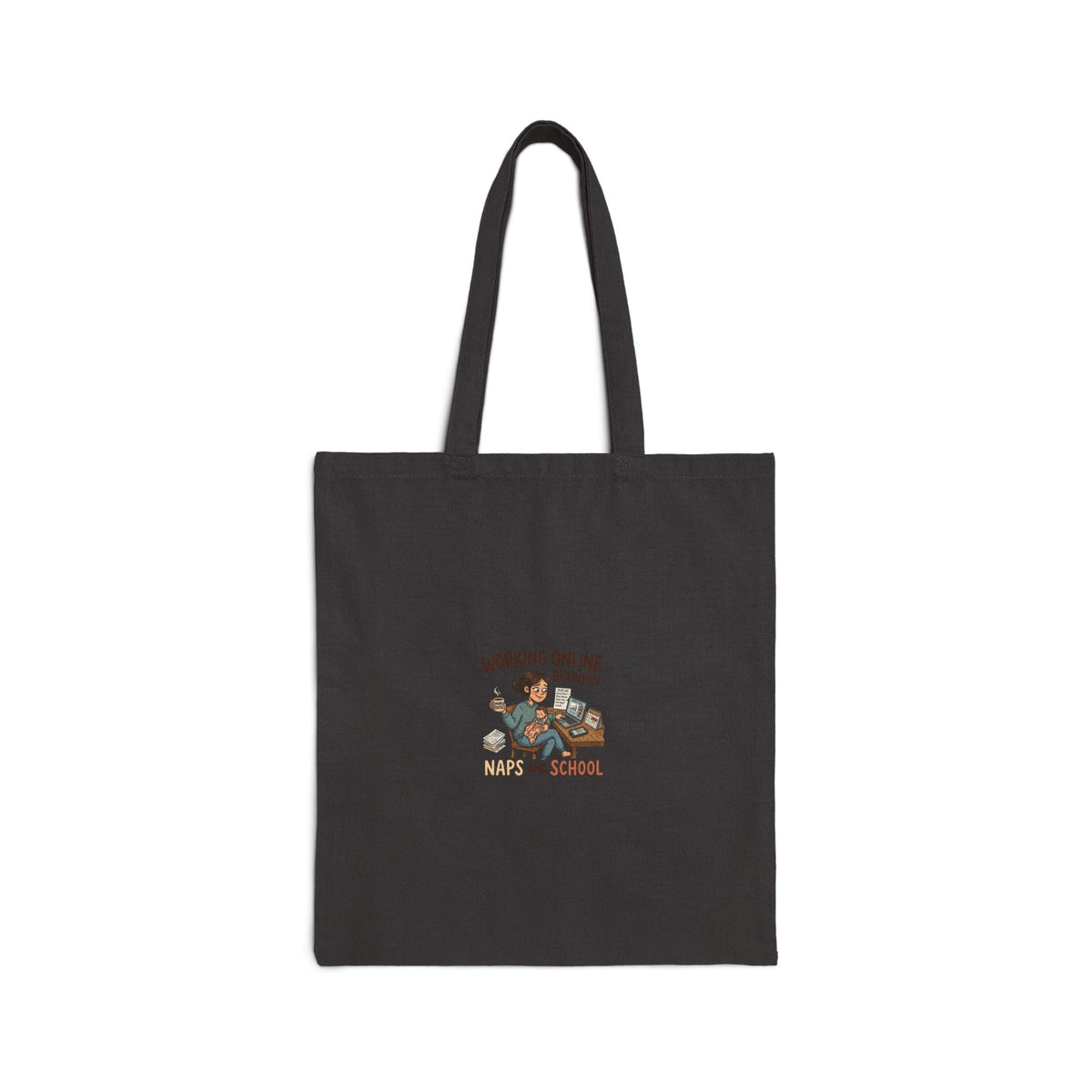 Tote Bag — "Working Online By Telepathic Means And School" Cute Cat Remote Work Canvas Tote