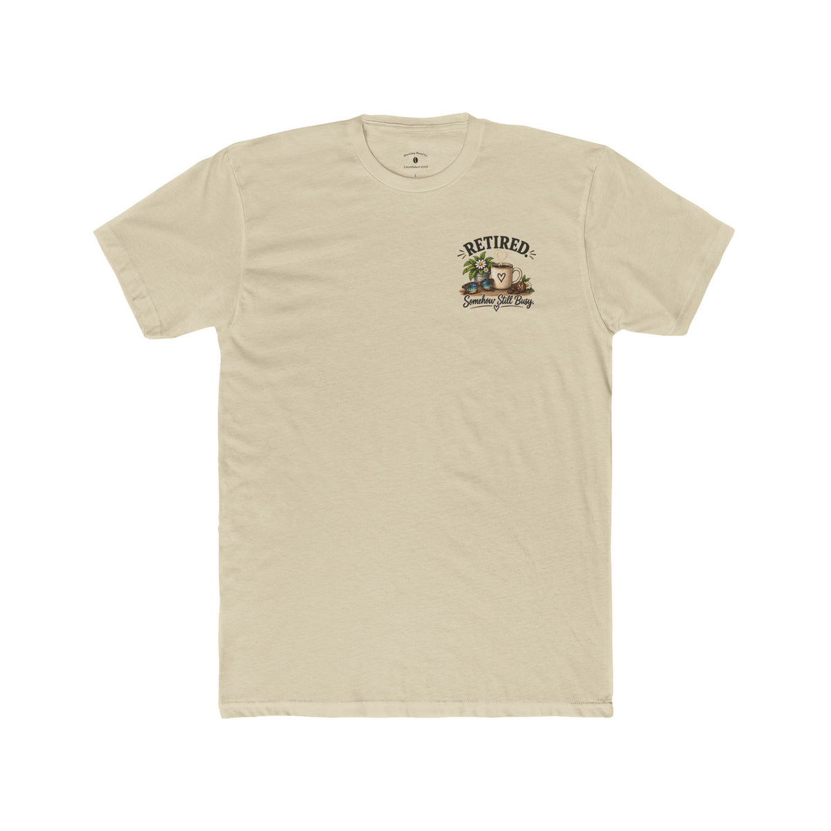 Retired & Somehow Still Busy T‑Shirt — Vintage Bookshelf Retirement Tee