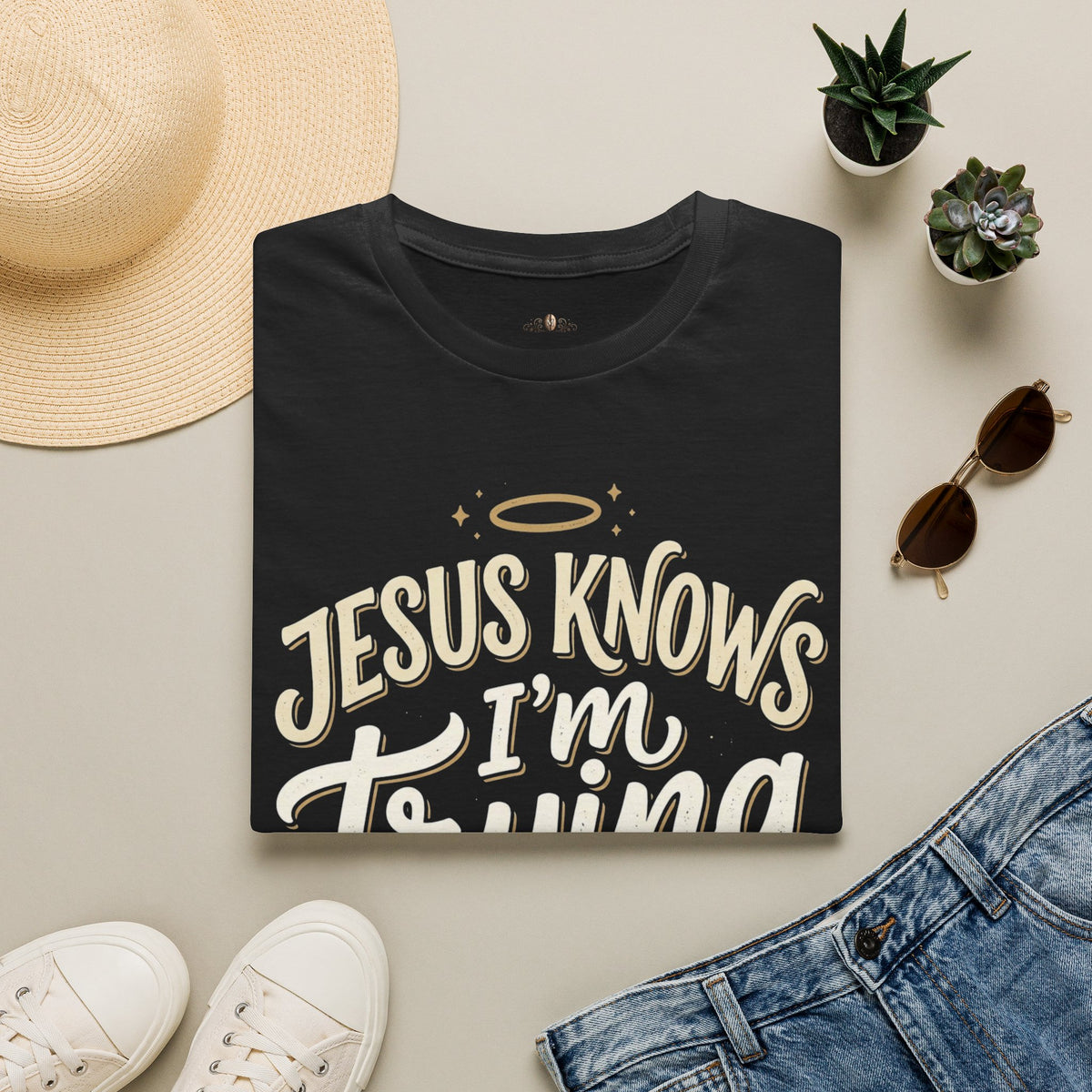 Jesus Knows I’m Trying T-Shirt — Faith-Based Christian Graphic Tee