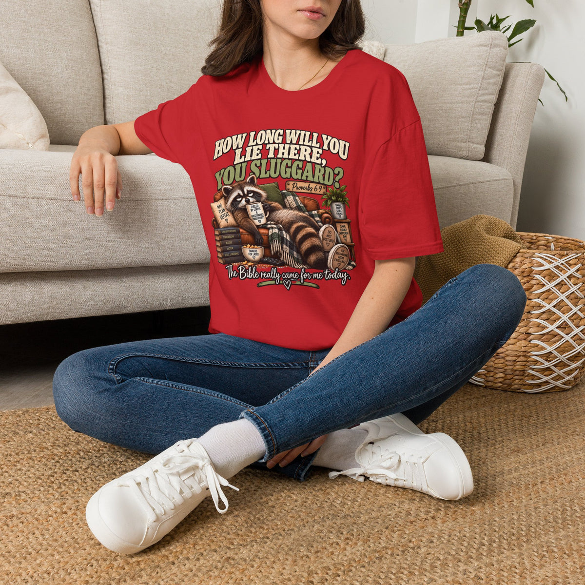 How Long Will You Lie There, You Sluggard? T-Shirt – Funny Raccoon Procrastination Tee
