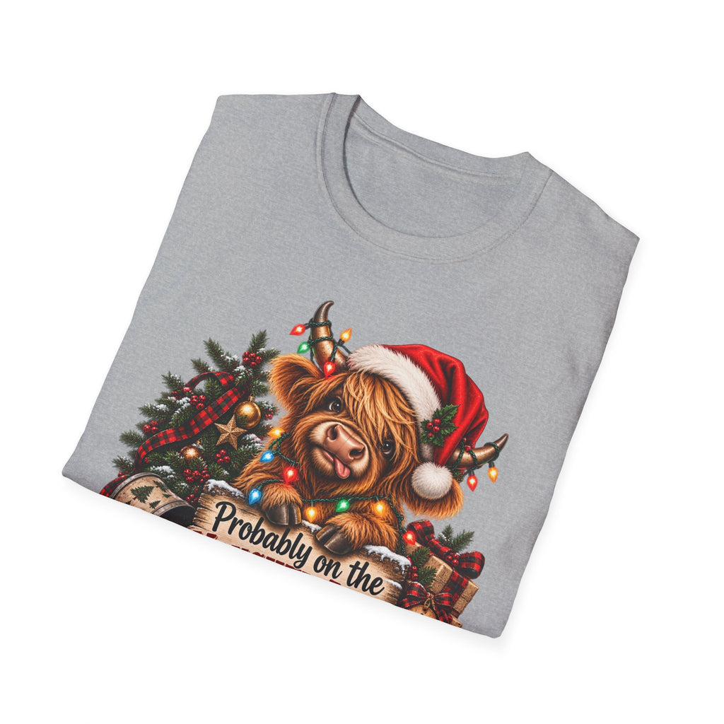 Christmas Highland Cow T-Shirt — "Probably on the Naughty List" Holiday Tee