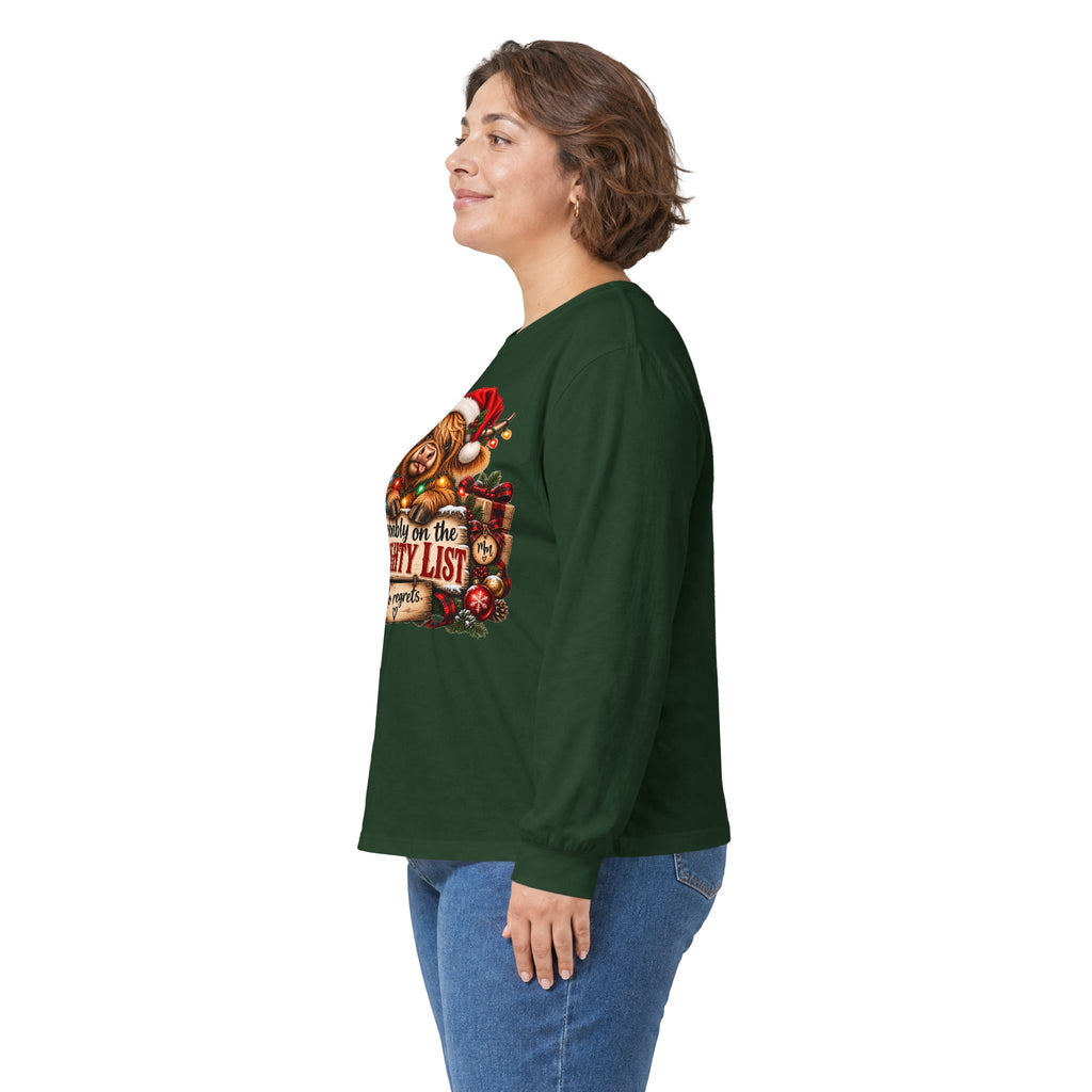 Christmas Cow Long Sleeve Tee — "Probably on the Naughty List" Holiday Shirt