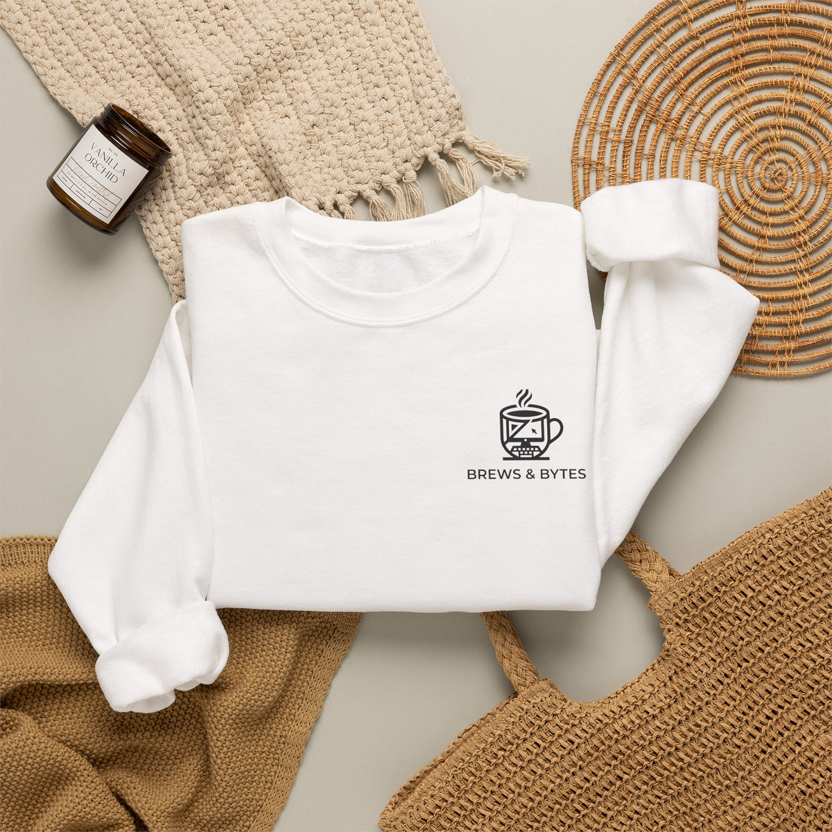 Coffee & Cats Crewneck Sweatshirt — Brew & Purr Minimal Chest Logo