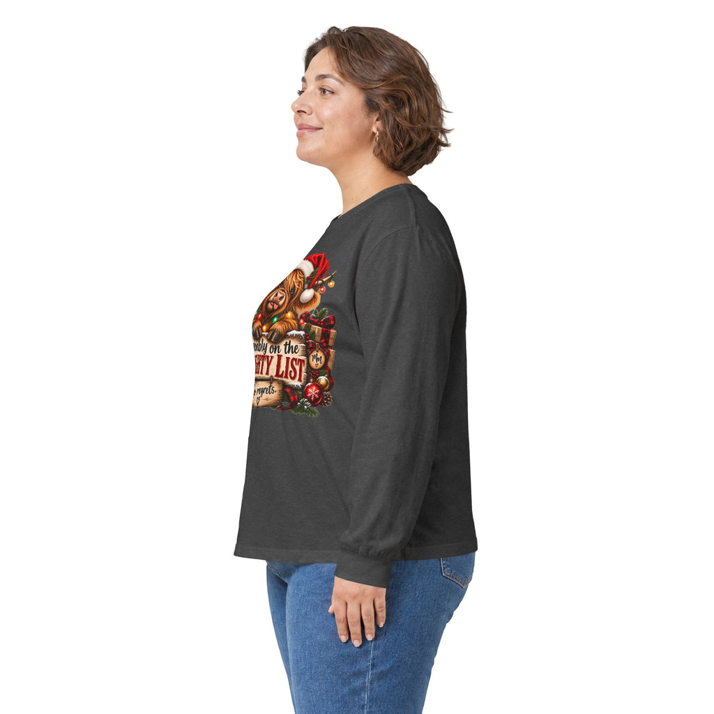 Christmas Cow Long Sleeve Tee — "Probably on the Naughty List" Holiday Shirt