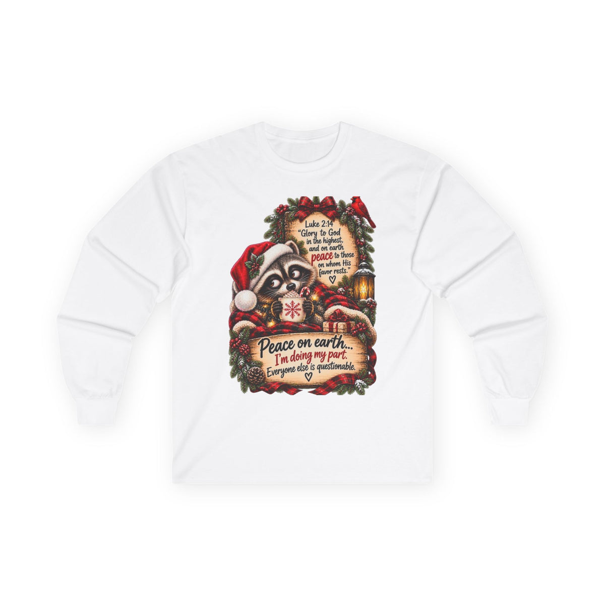Funny Christian Christmas Shirt | Luke 2:14 Raccoon Tee