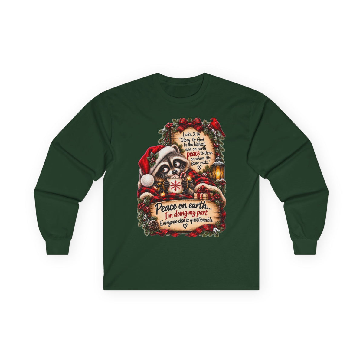 Funny Christian Christmas Shirt | Luke 2:14 Raccoon Tee