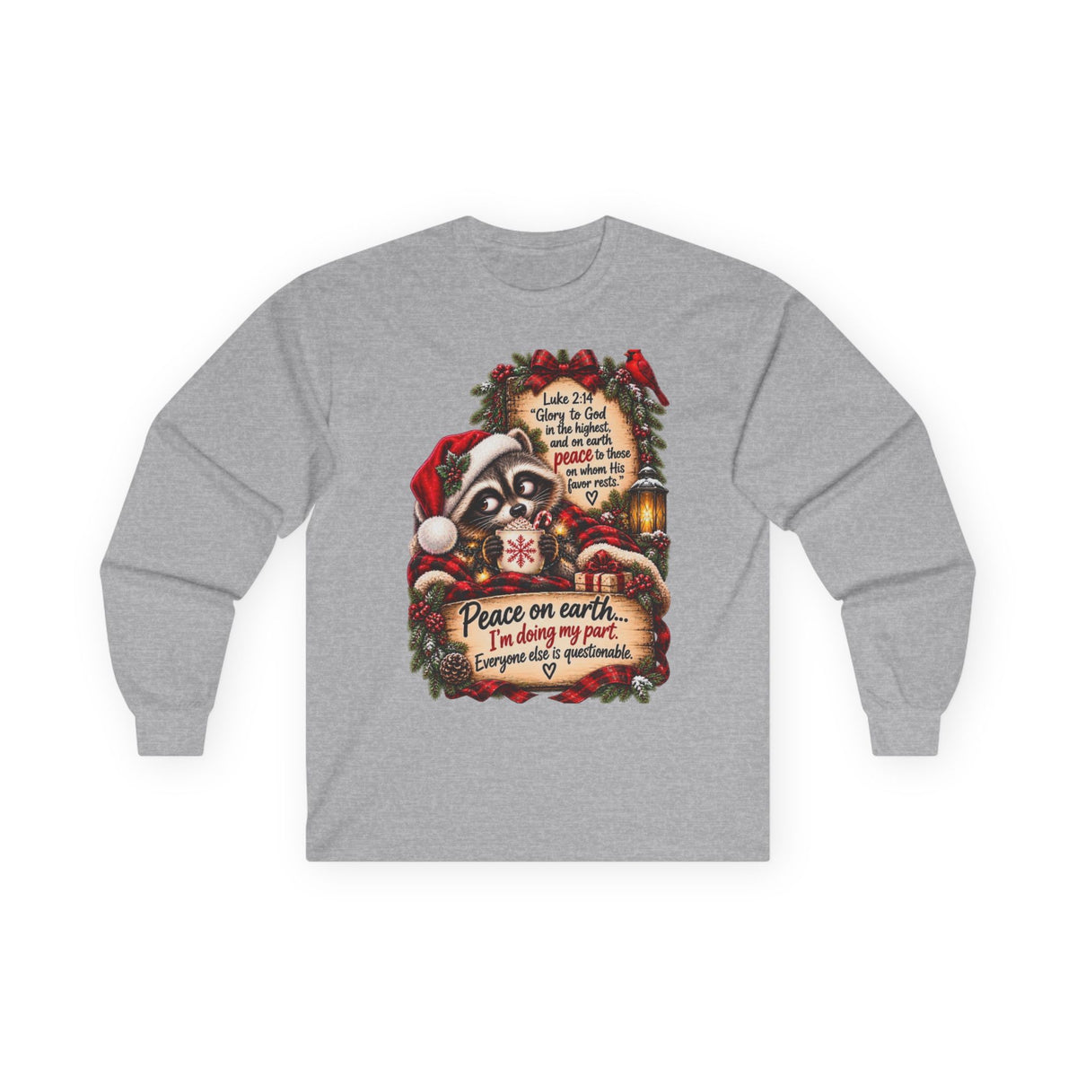 Funny Christian Christmas Shirt | Luke 2:14 Raccoon Tee