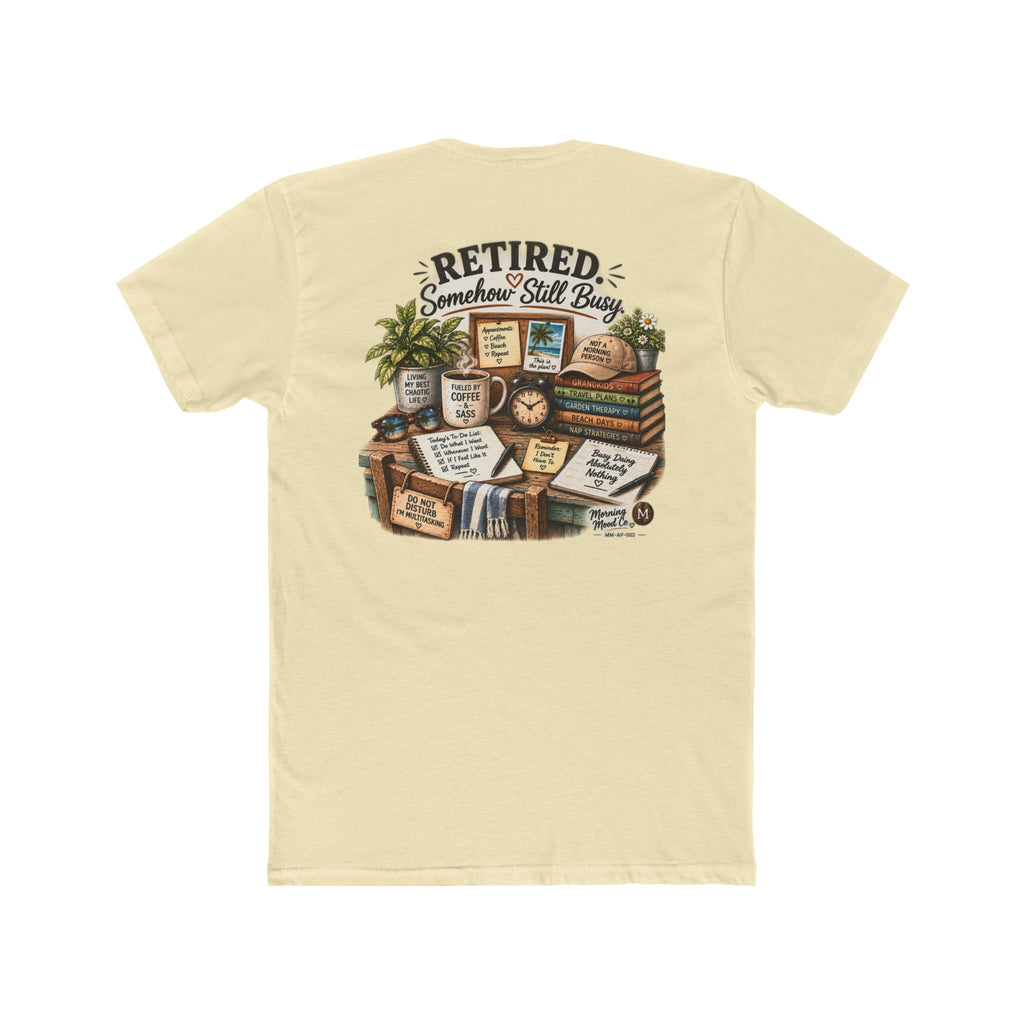 Retired & Somehow Still Busy T‑Shirt — Vintage Bookshelf Retirement Tee