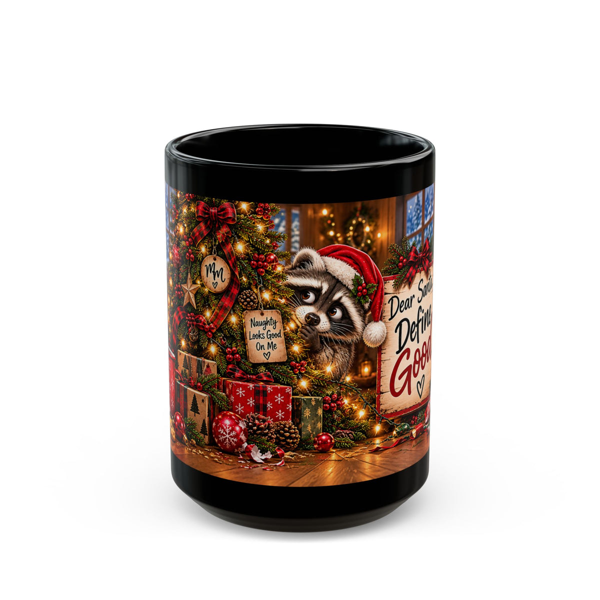 Christmas Raccoon Mug – "Dear Santa... Define Good" Holiday Coffee Cup (11oz/15oz)