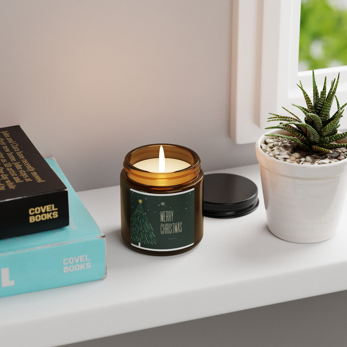 Christmas Tree Scented Soy Candle — Amber Jar "Merry Christmas"