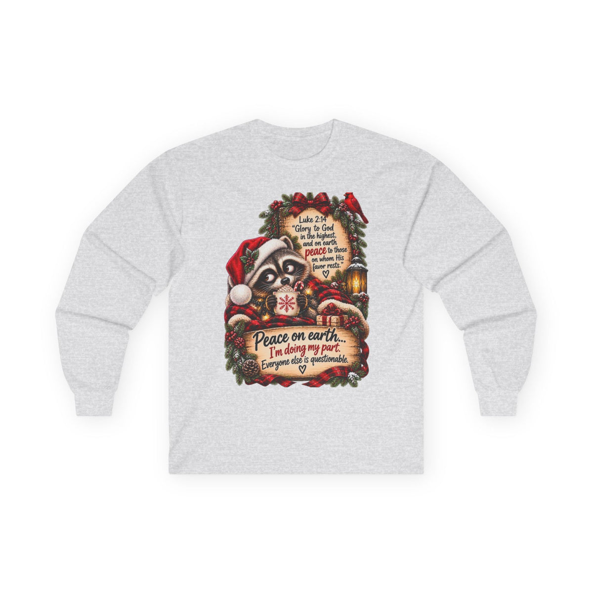 Funny Christian Christmas Shirt | Luke 2:14 Raccoon Tee