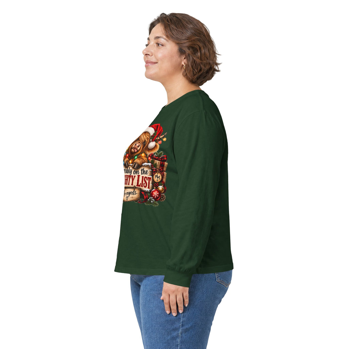 Christmas Naughty List Long Sleeve Tee — Cute Dog Santa Hat Holiday Shirt (S–5XL)