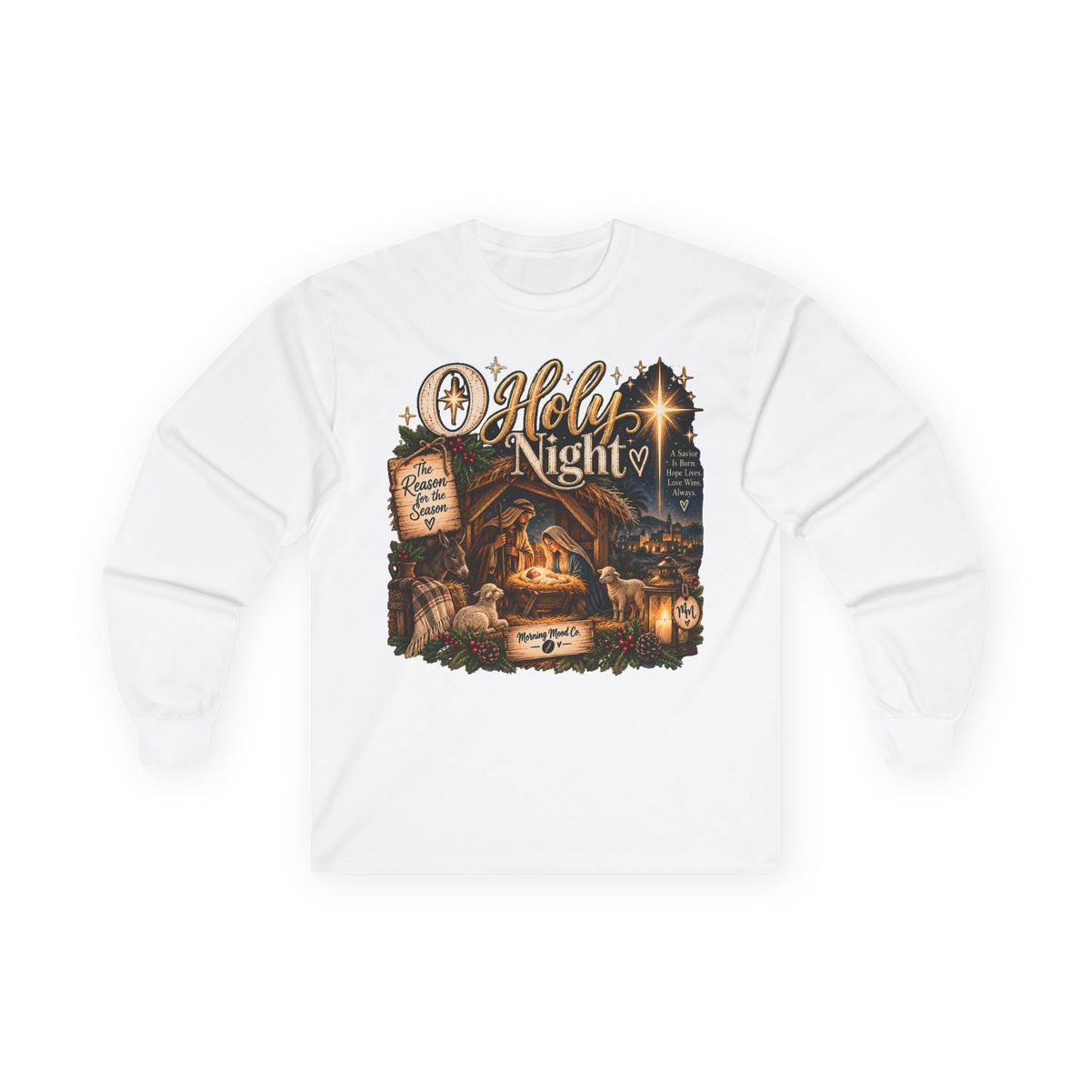 Holy Night Nativity Long Sleeve Tee — Christmas Religious Tee