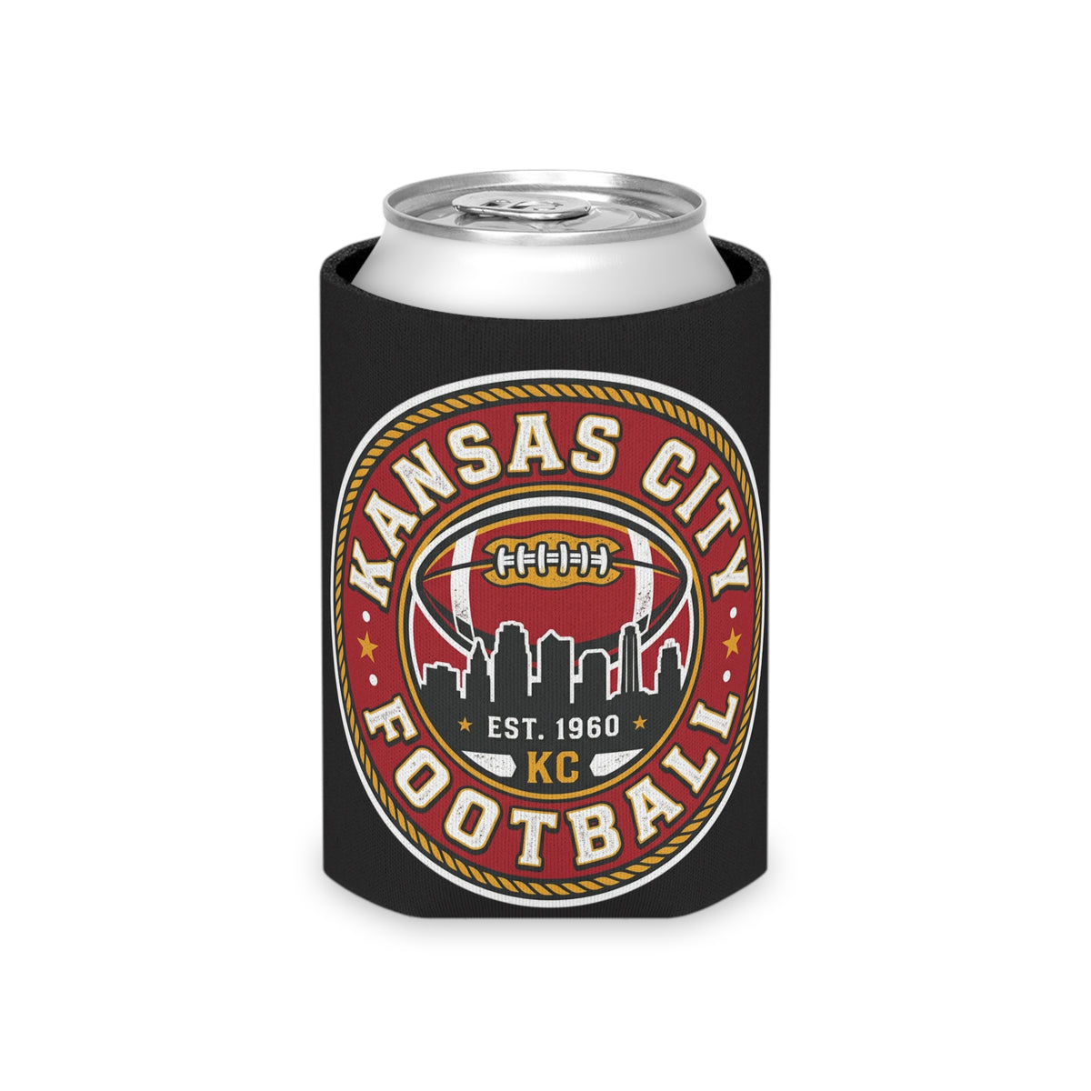 Kansas City Football Can Cooler – Retro KC Skyline Badge