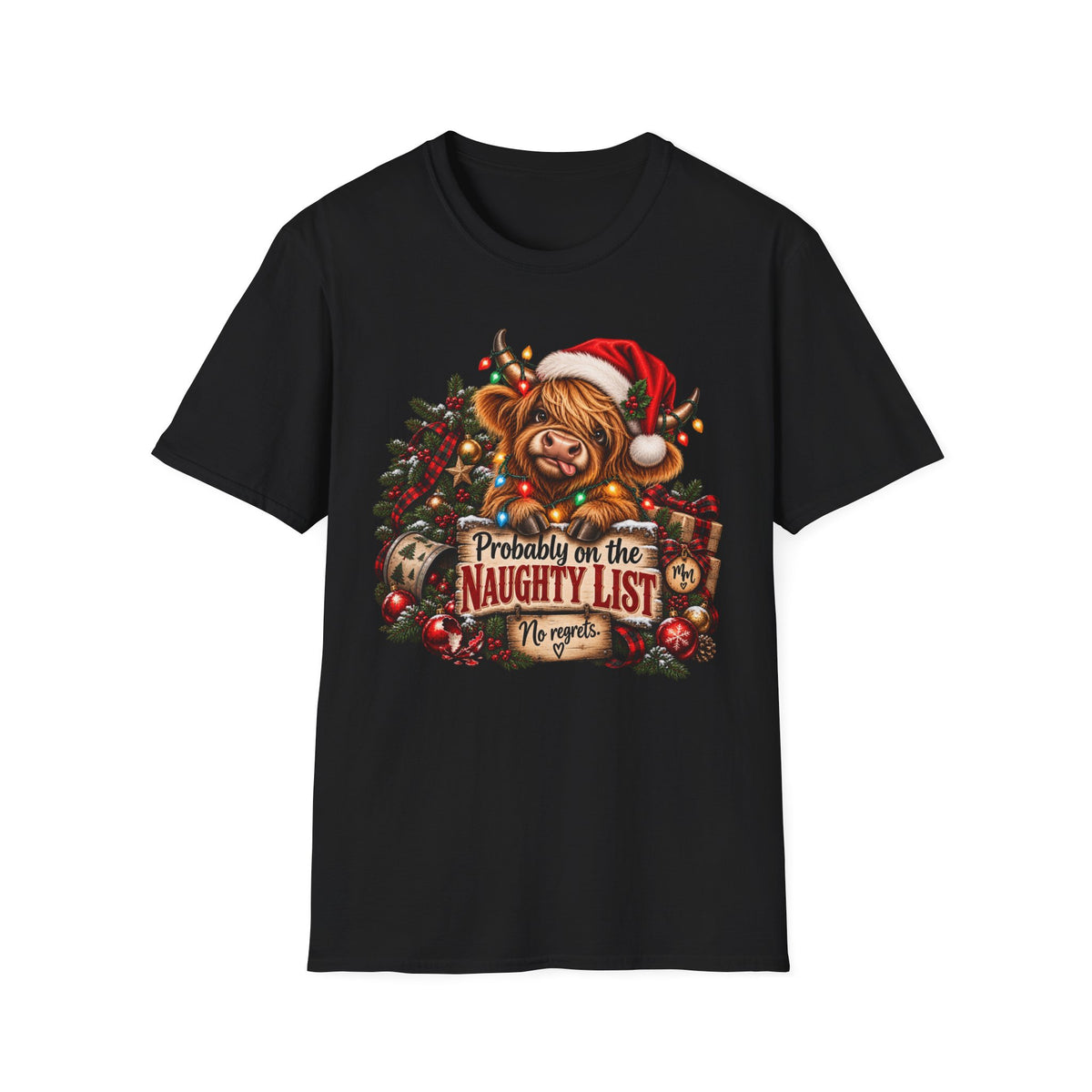 Christmas Highland Cow T-Shirt — "Probably on the Naughty List" Holiday Tee