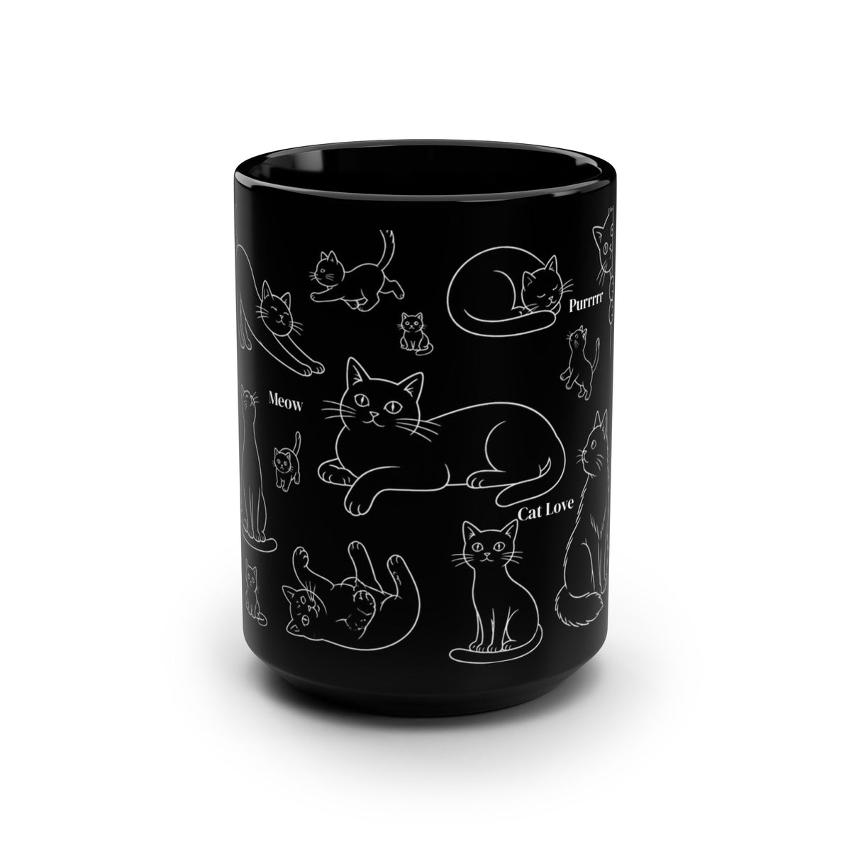 Black Cat Doodle Mug — 15oz Cute Cat Pattern Coffee Cup