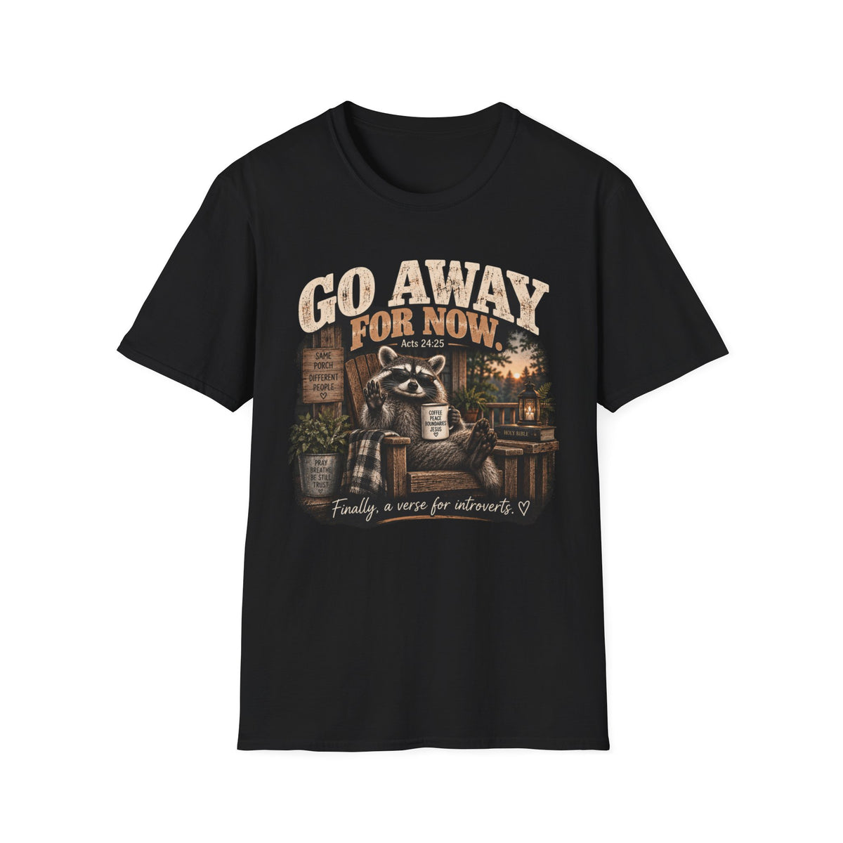 Go Away For Now T-Shirt — Vintage Raccoon Cabin Graphic Tee (Acts 24:25)