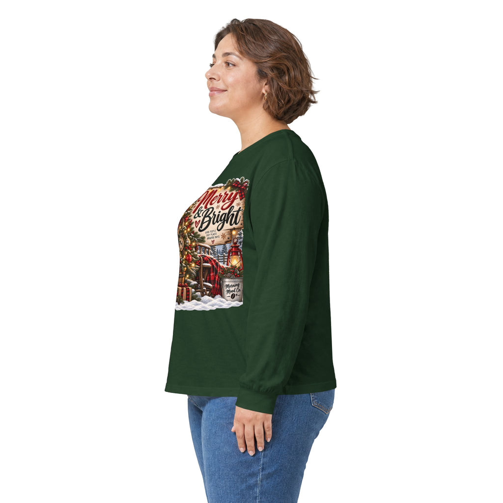 Christmas Graphic Long Sleeve Tee - "Merry & Bright" Holiday Shirt